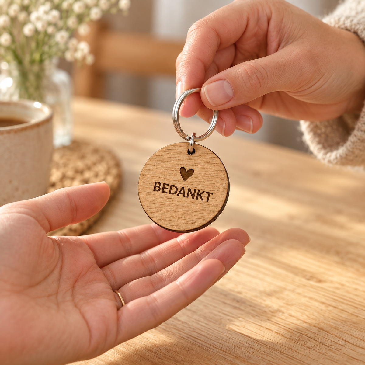 Houten sleutelhangers met eigen tekst of logo — Sfeerbeeld: product in gebruik; accessoires dienen ter illustratie