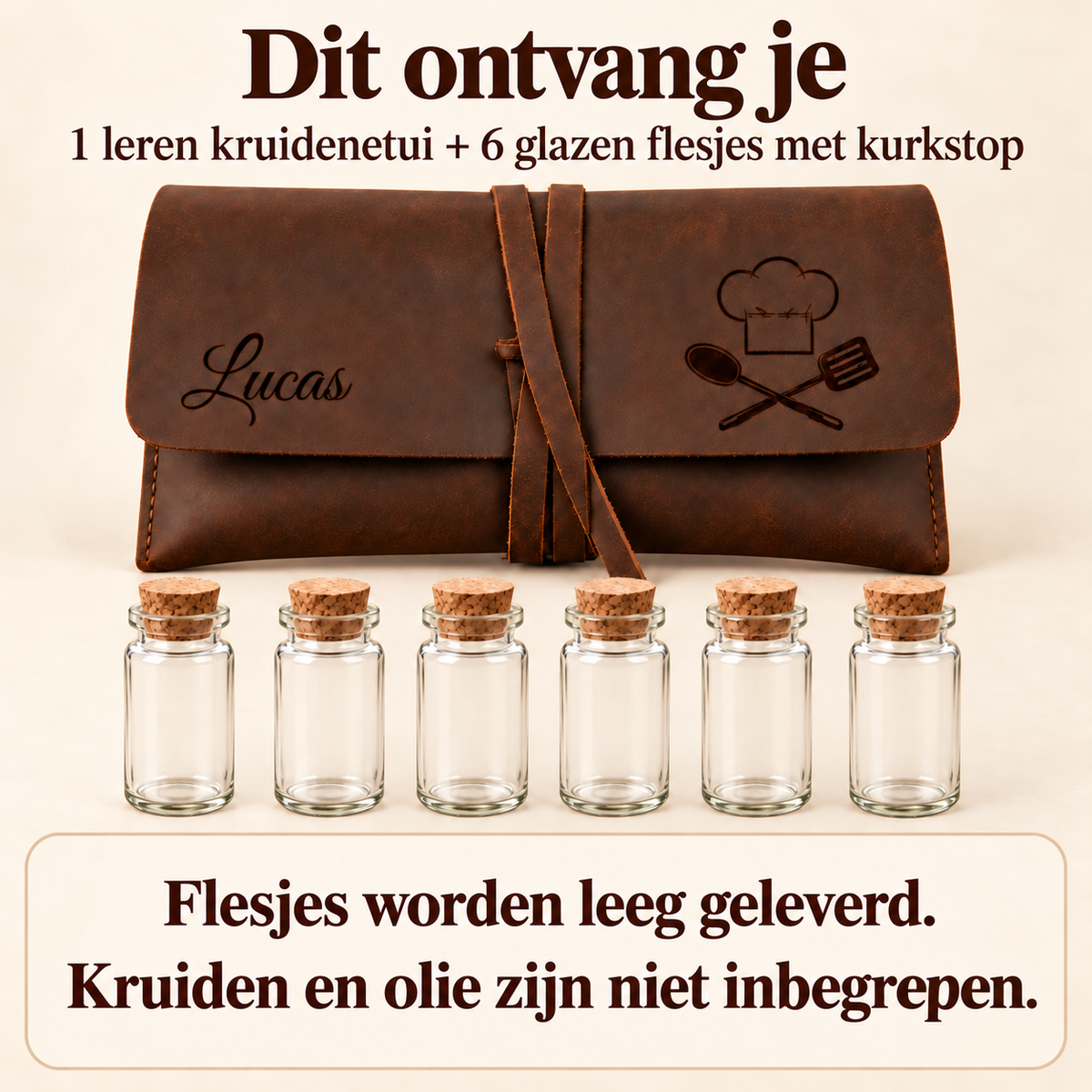 Dit ontvang je: 1 leren kruidenetui en 6 glazen flesjes met kurkstop. Flesjes worden leeg geleverd. Kruiden en olie zijn niet inbegrepen.