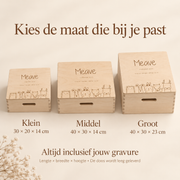 Drie maten bewaardozen: klein 30x20x14, middel 40x30x14, groot 40x30x23 cm, inclusief gravure