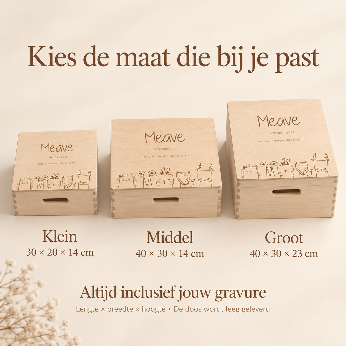 Drie maten bewaardozen: klein 30x20x14, middel 40x30x14, groot 40x30x23 cm, inclusief gravure
