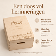 Bewaardoos personaliseren: kies maat en ontwerp, vul naam en datum in, controleer je gegevens