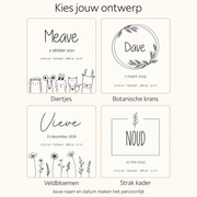 Ontwerpoverzicht bewaardoos: Diertjes, Botanische krans, Veldbloemen en Strak kader; bewerkt naar originele ontwerpkaart
