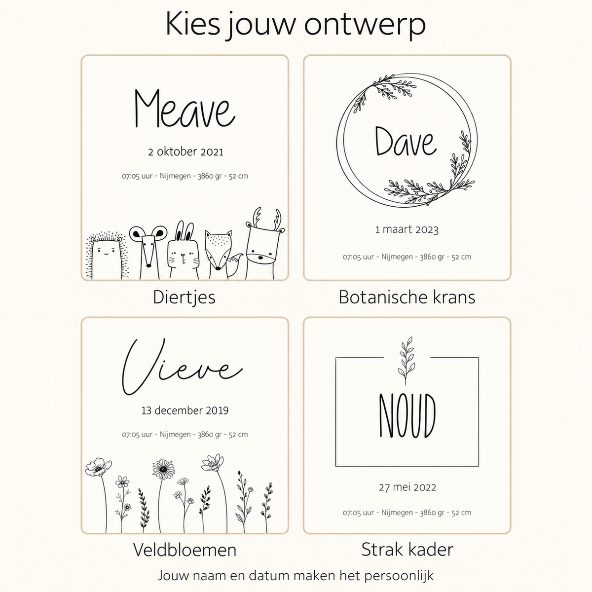 Ontwerpoverzicht bewaardoos: Diertjes, Botanische krans, Veldbloemen en Strak kader; bewerkt naar originele ontwerpkaart