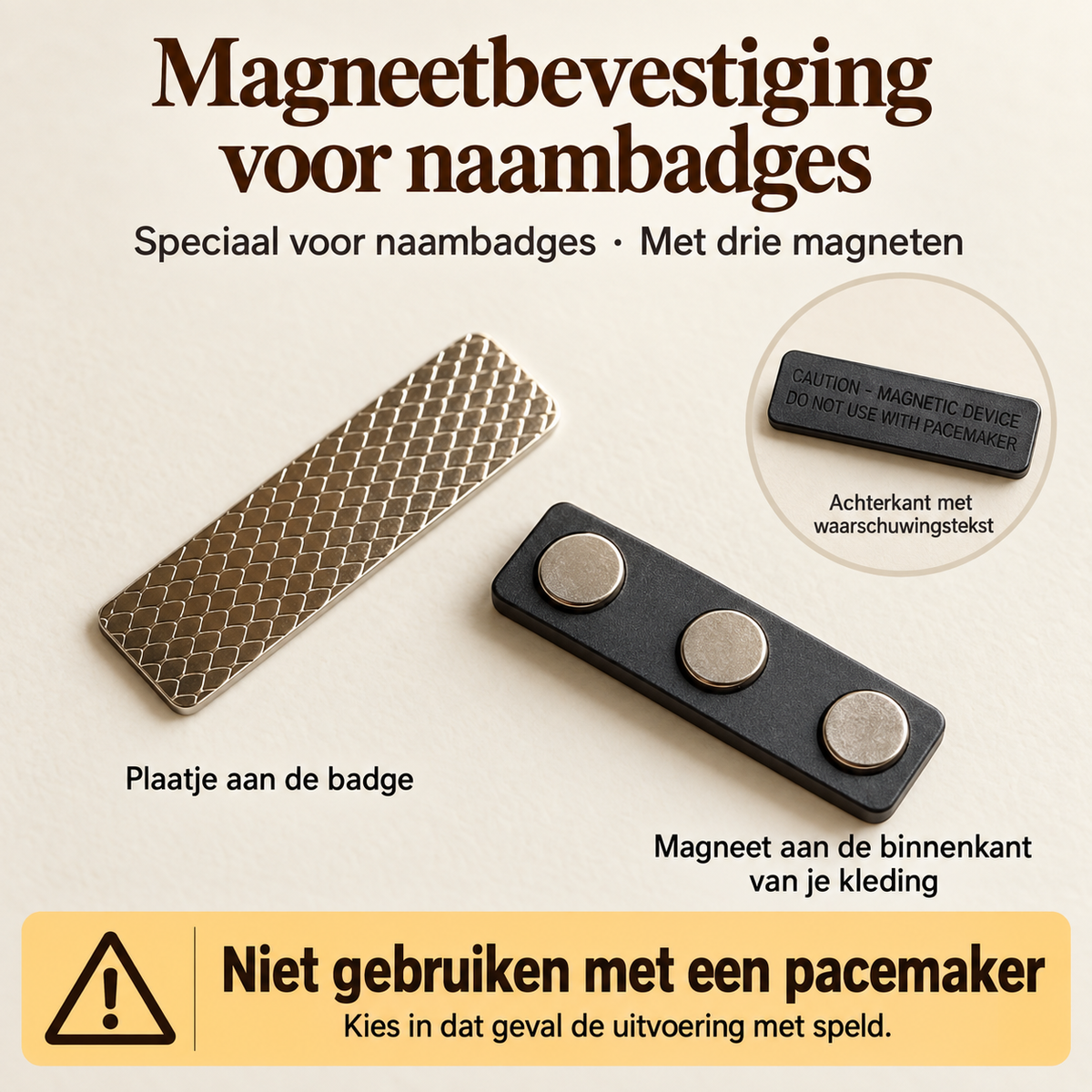 Speciale naambadgebevestiging met drie magneten. Niet gebruiken met een pacemaker; kies dan speld.