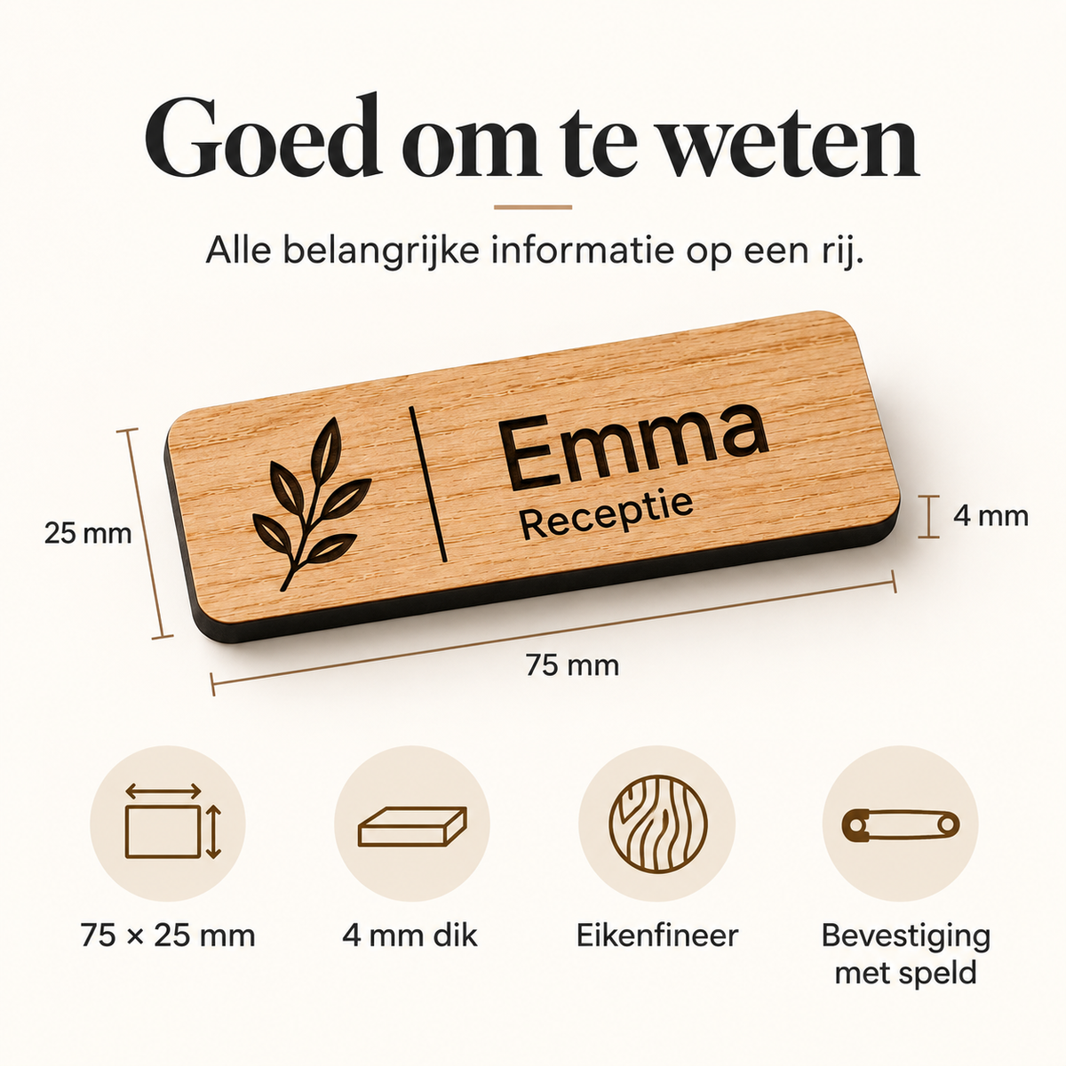 Houten naambadges met naam en logo — Afmetingen en beschikbare uitvoeringen