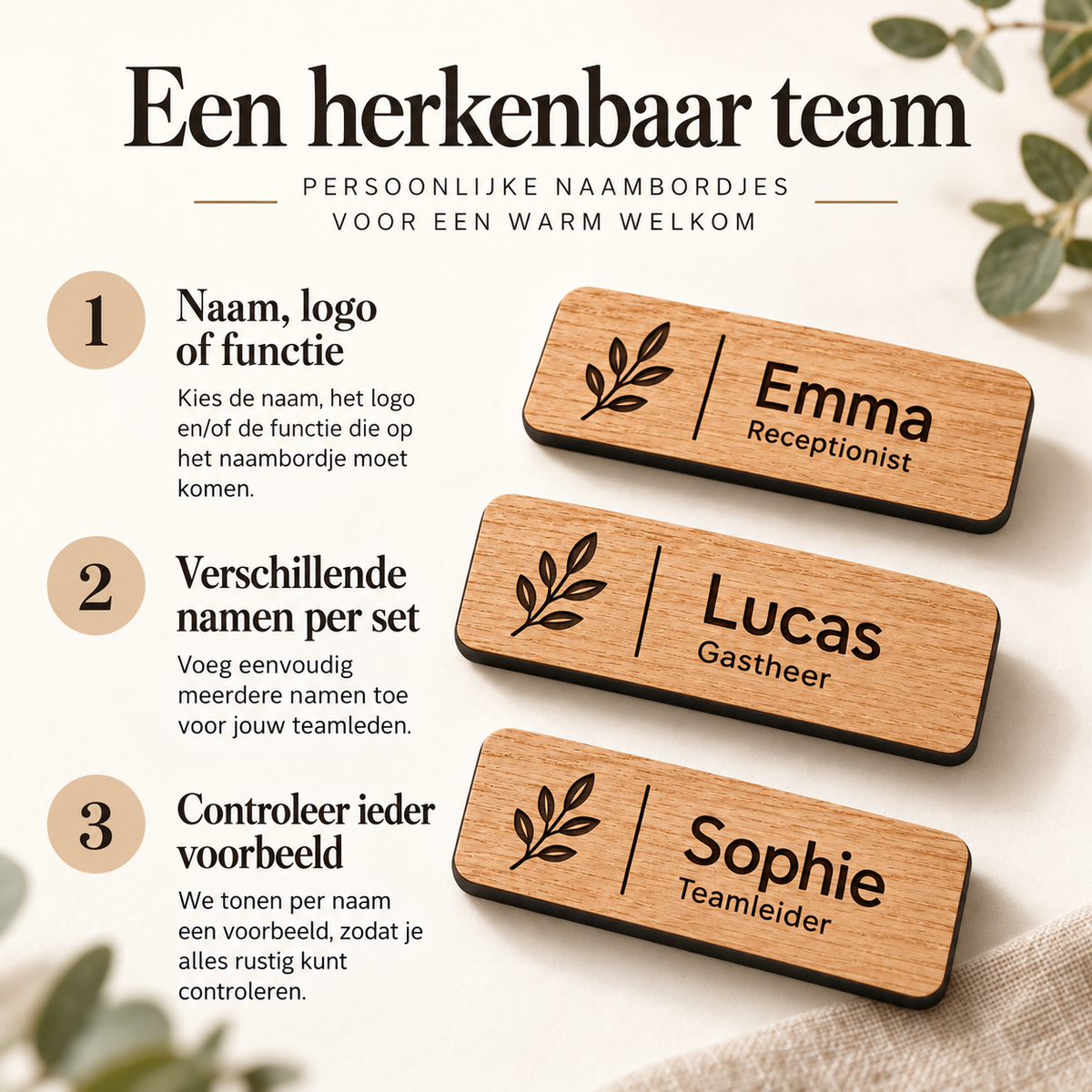 Houten naambadges met naam en logo — Zo werkt personaliseren en controleren