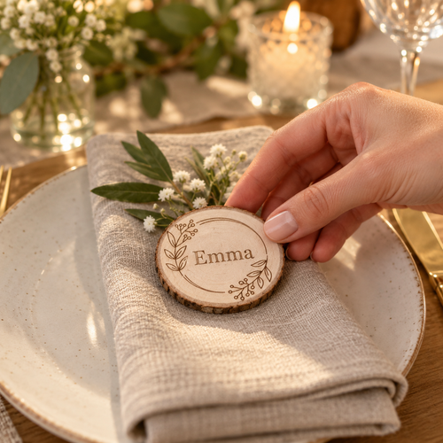 Boomstamschijfjes met naam voor bruiloft en diner — Sfeerbeeld: product in gebruik; accessoires dienen ter illustratie