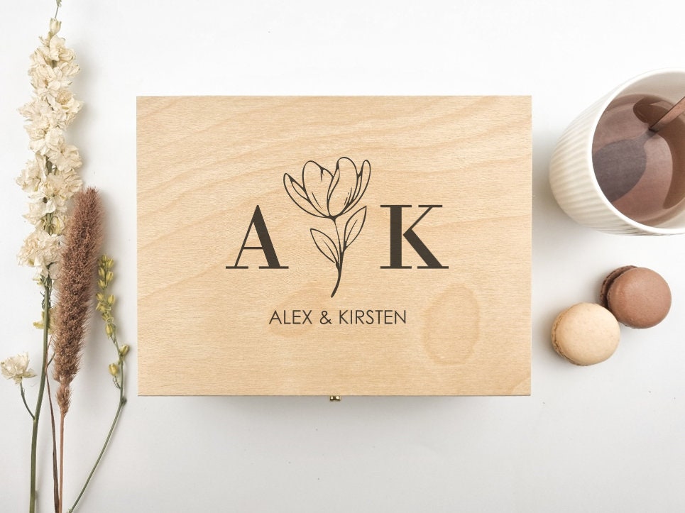 Houten theedoos voor huwelijk of jubileum – 8 ontwerpen – origineel product- en uitvoeringsvoorbeeld 1