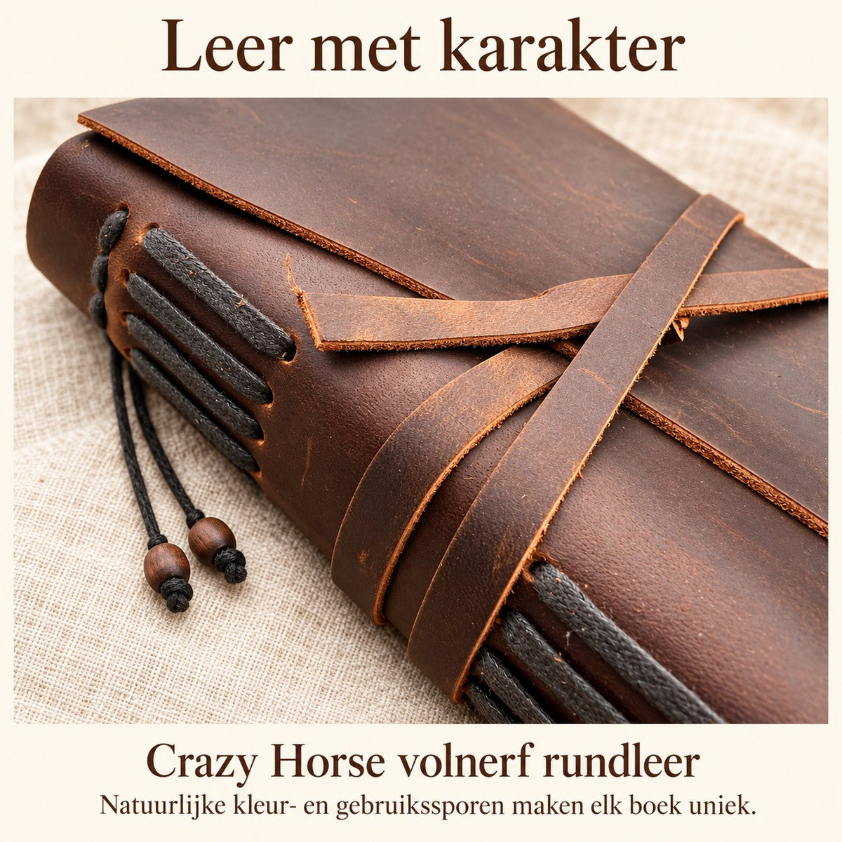 Detail van Crazy Horse volnerf rundleer en koordbinding