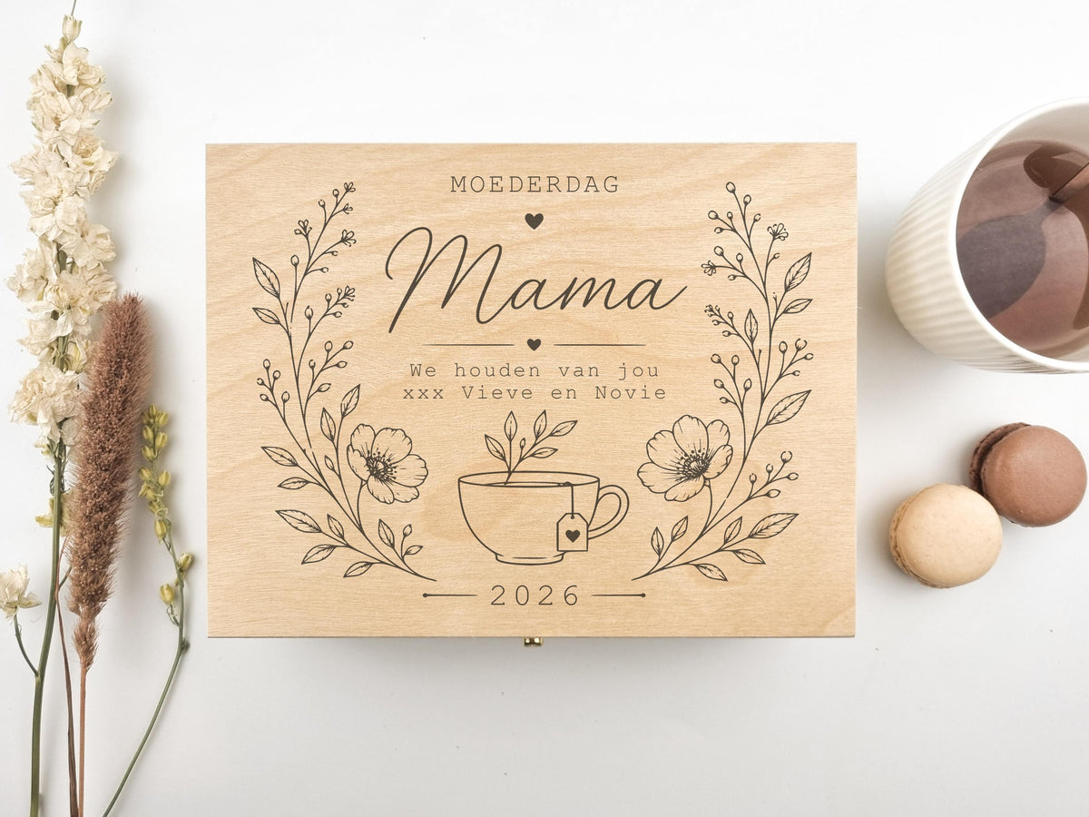 Houten theedoos voor mama met naam en boodschap