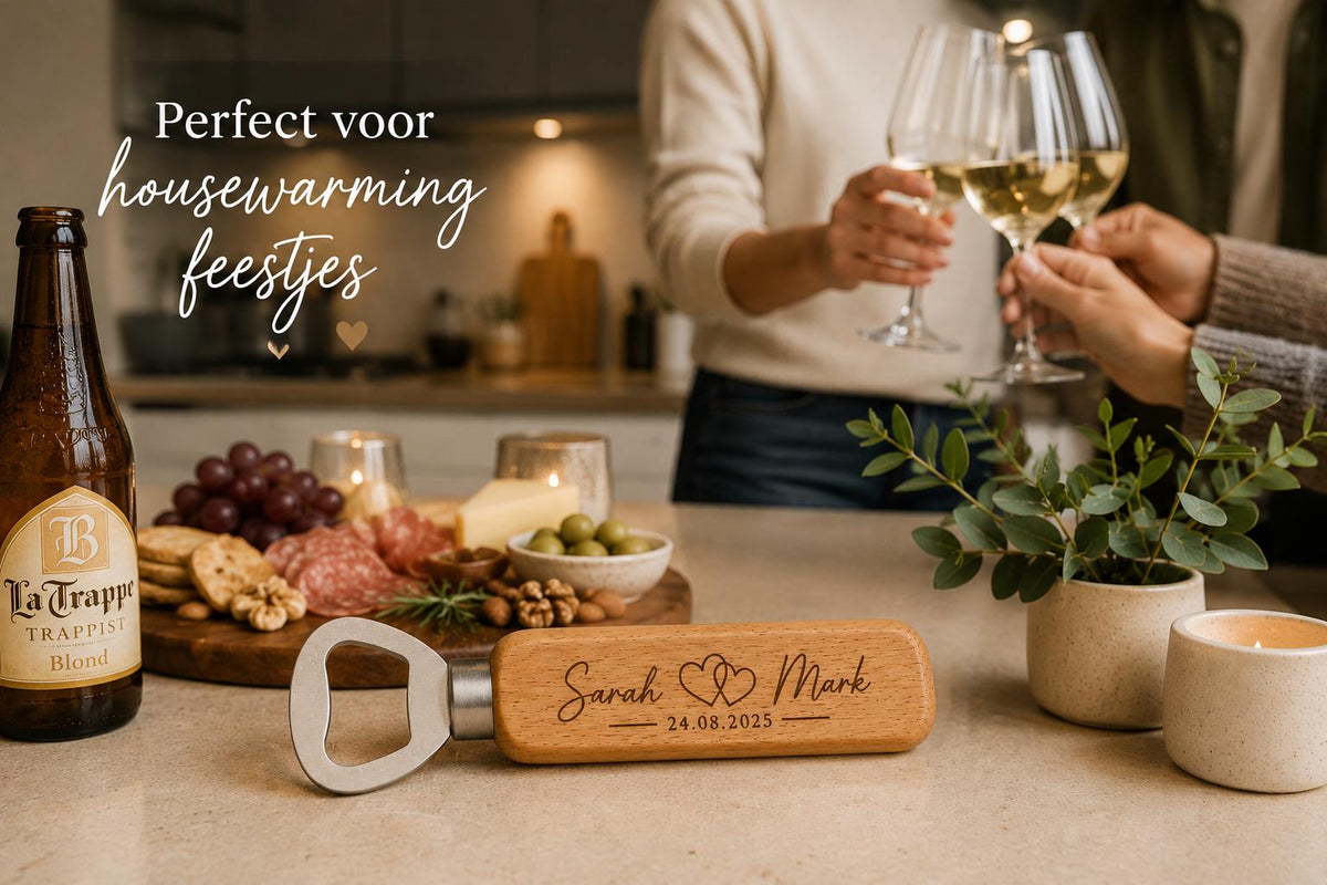 Houten flesopeners met namen en datum – trouwbedankjes – productfoto 2
