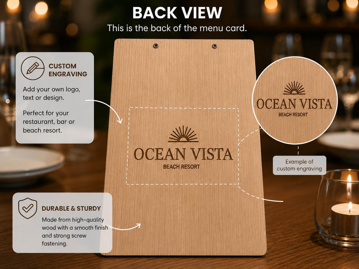 Houten menuhouder met logo en tekst – 4