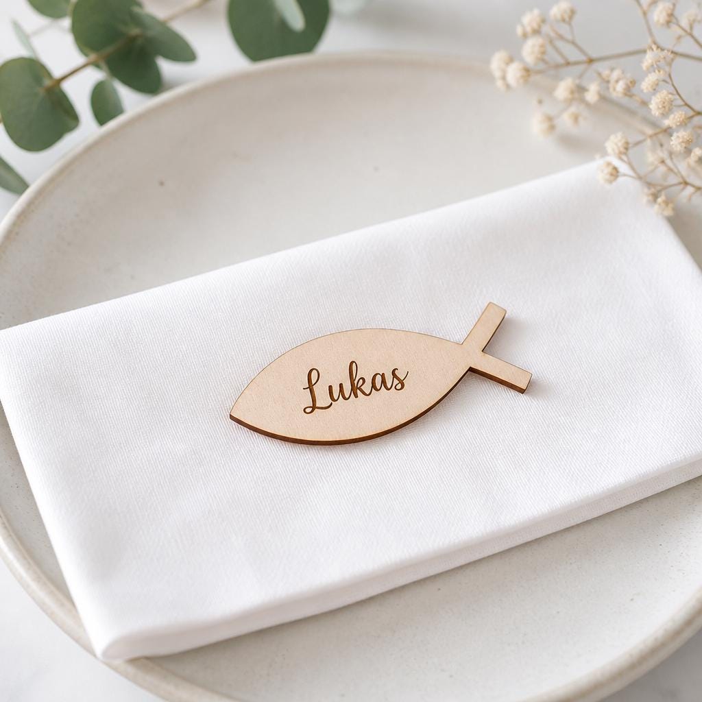 Houten vis naamkaartjes voor doop en communie – product- en ontwerpvoorbeeld 1
