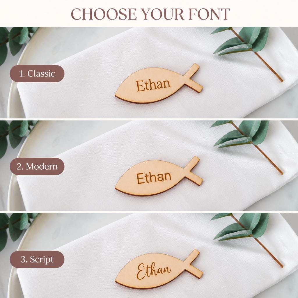 Houten vis naamkaartjes voor doop en communie – product- en ontwerpvoorbeeld 2