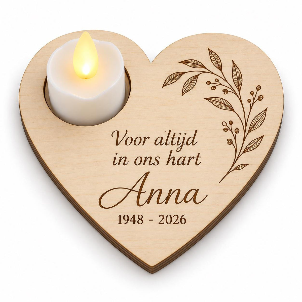 Houten herinneringshart met naam en ledlichtje