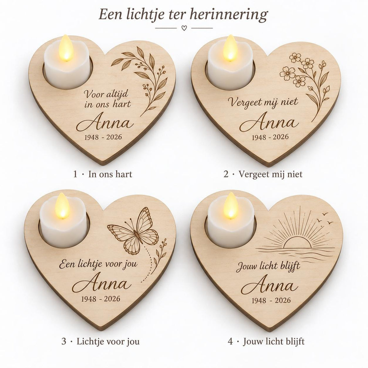 Houten herinneringshart met naam en ledlichtje – origineel product- en uitvoeringsvoorbeeld 3