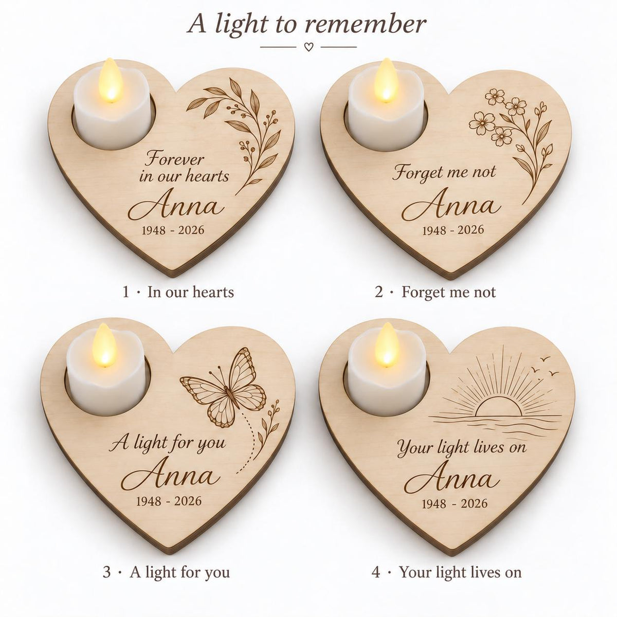 Houten herinneringshart met naam en ledlichtje – origineel product- en uitvoeringsvoorbeeld 4