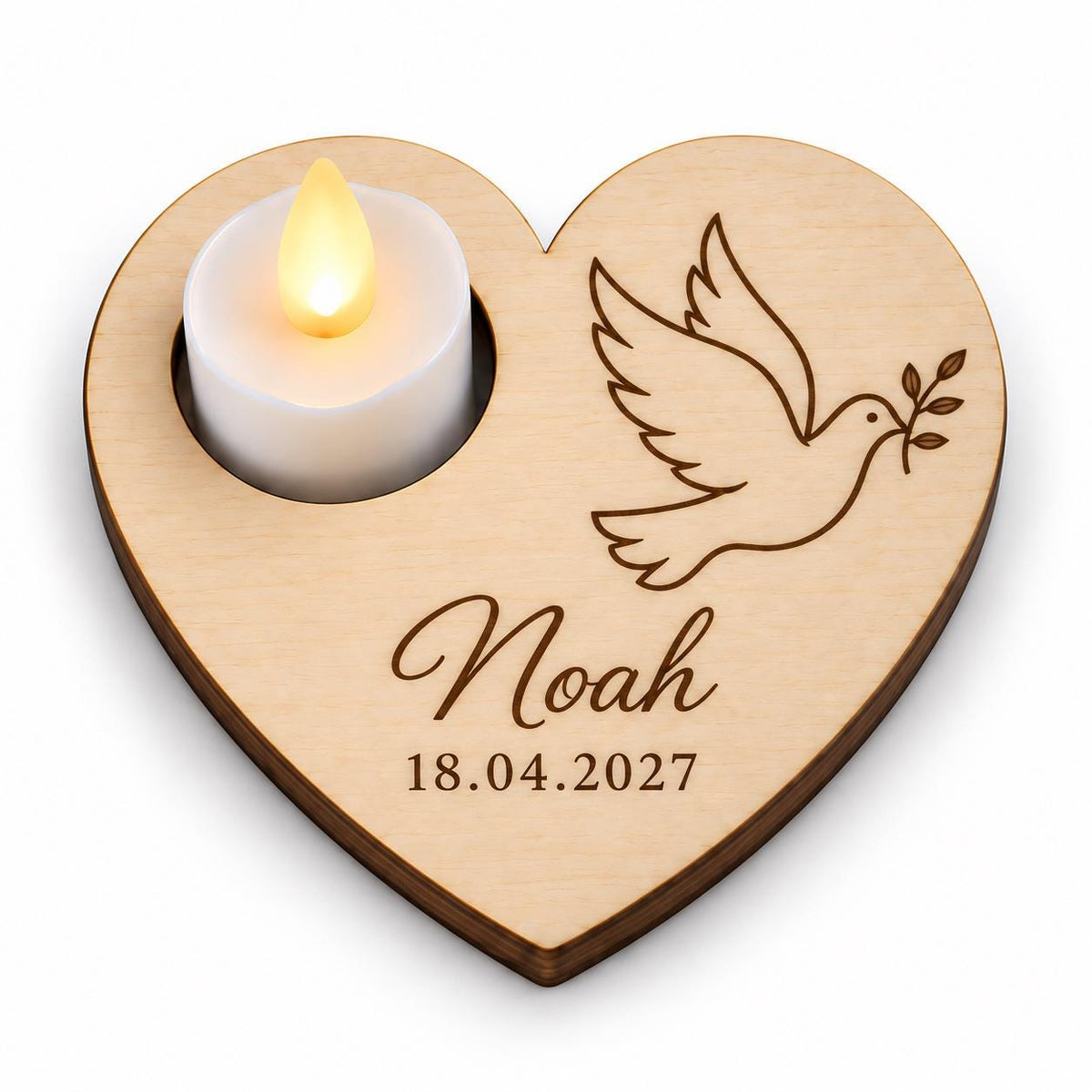 Houten hart met ledlichtje voor doop en communie – product- en ontwerpvoorbeeld 1