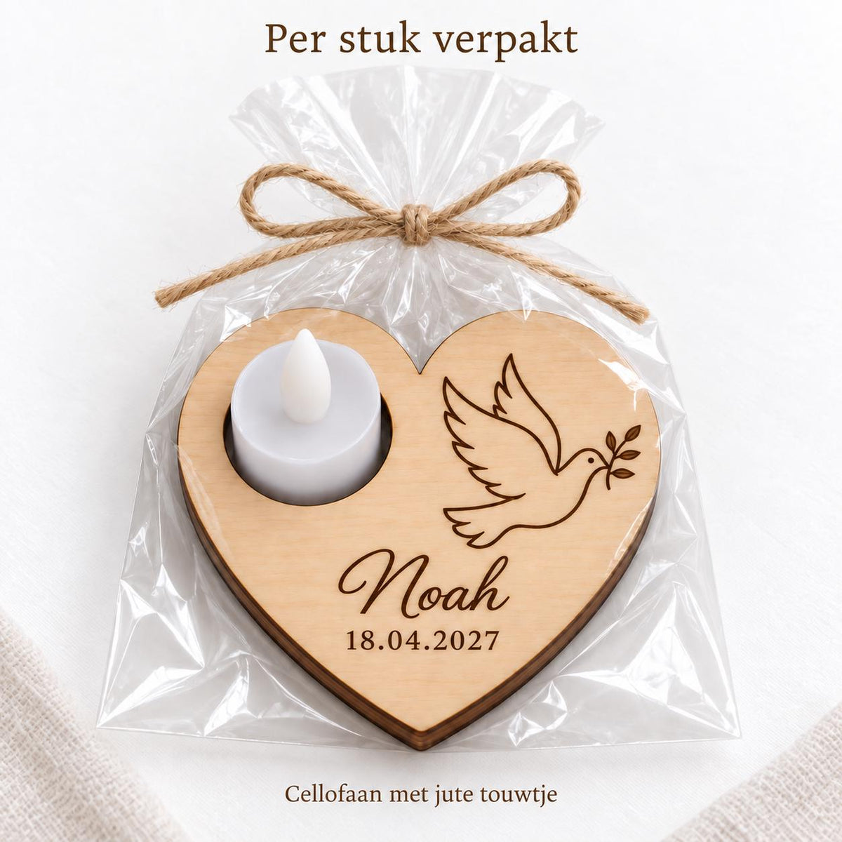 Houten hart met ledlichtje voor doop en communie – product- en ontwerpvoorbeeld 4