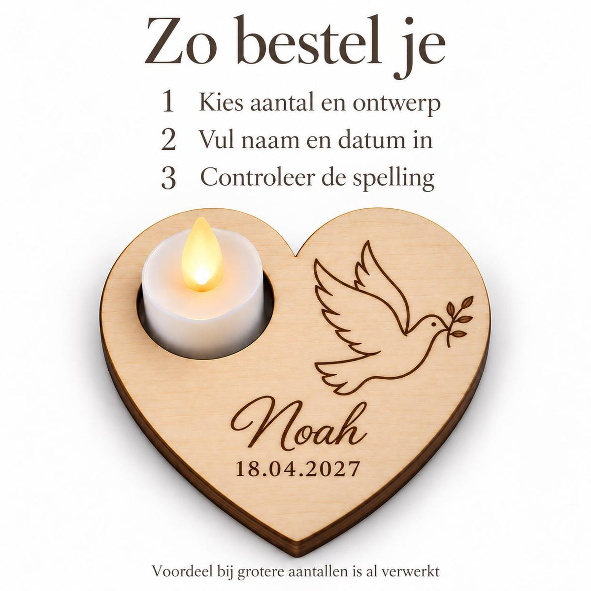 Houten hart met ledlichtje voor doop en communie – product- en ontwerpvoorbeeld 5
