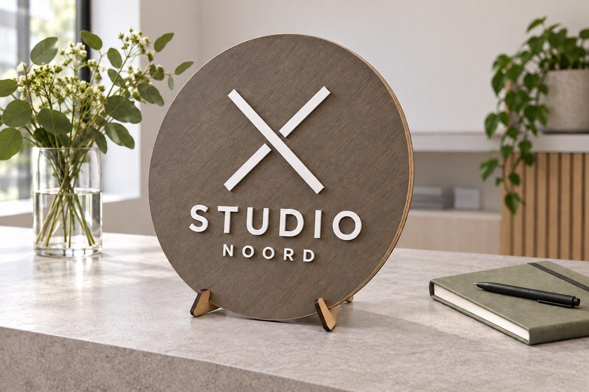 Rond houten logobord met verhoogd acryl-logo – 1