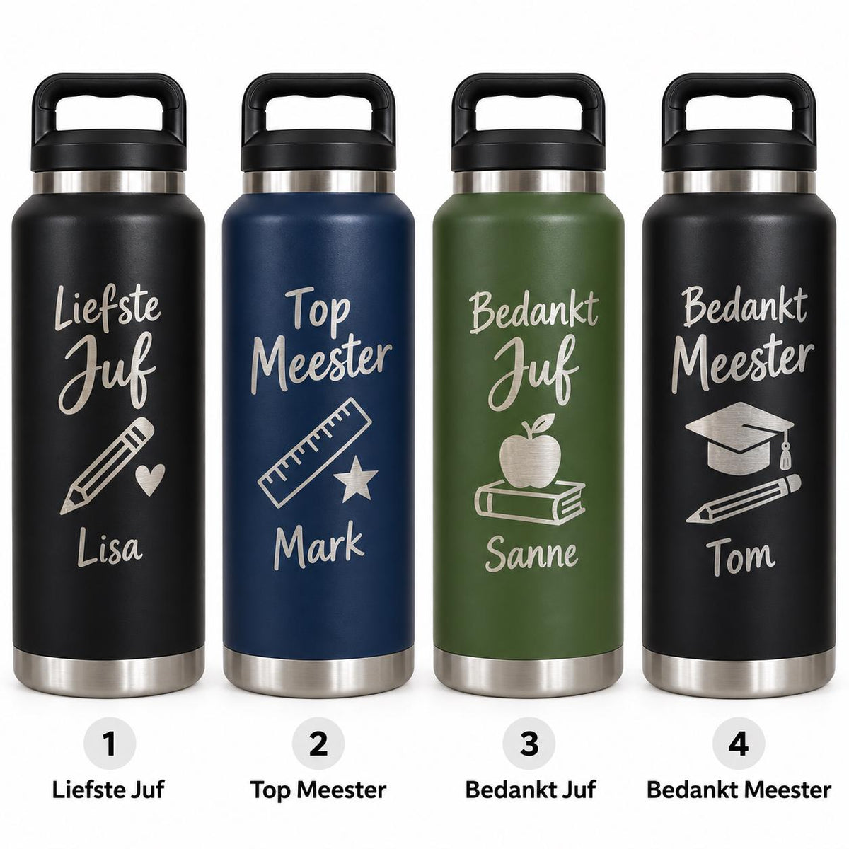 Grote waterfles voor juf of meester met naam – 1,1 liter – productfoto 2