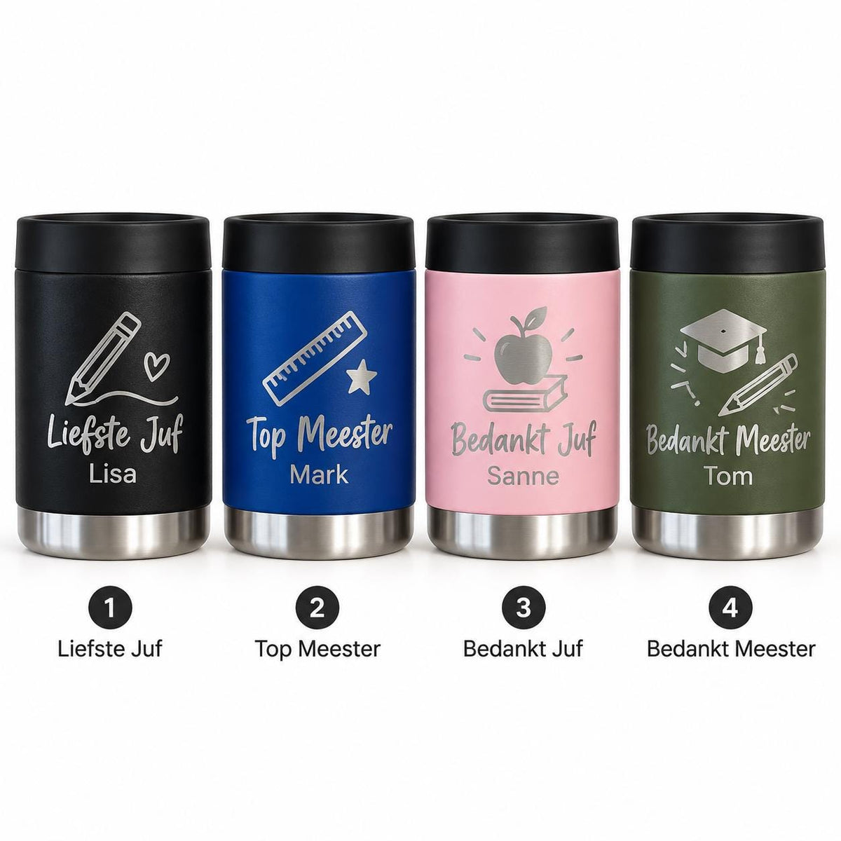 Blikkoeler voor juf of meester met naam – 330 ml – productfoto 2