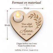 Houten herinneringshart met naam en ledlichtje – origineel product- en uitvoeringsvoorbeeld 7