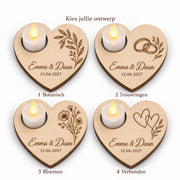 Houten hart met ledlichtje als trouwbedankje – product- en uitvoeringsvoorbeeld 3