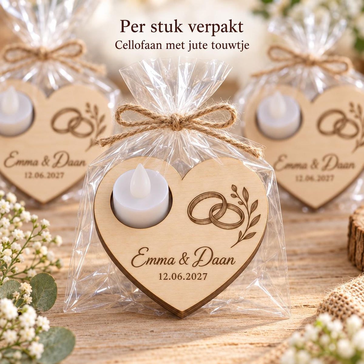 Houten hart met ledlichtje als trouwbedankje – product- en uitvoeringsvoorbeeld 4