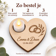 Houten hart met ledlichtje als trouwbedankje – product- en uitvoeringsvoorbeeld 5