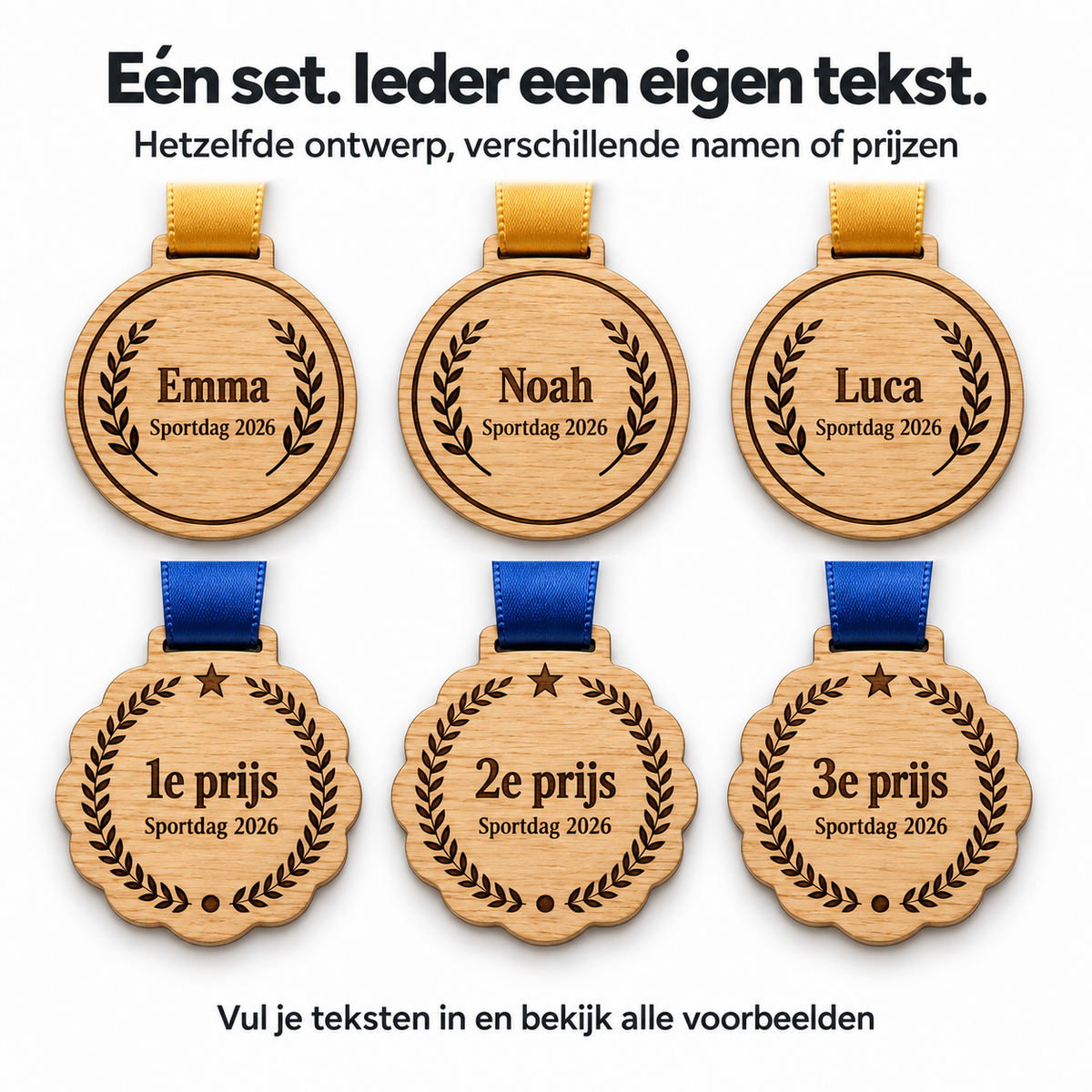 Eén set met verschillende namen of 1e, 2e en 3e prijs; hetzelfde ontwerp per set
