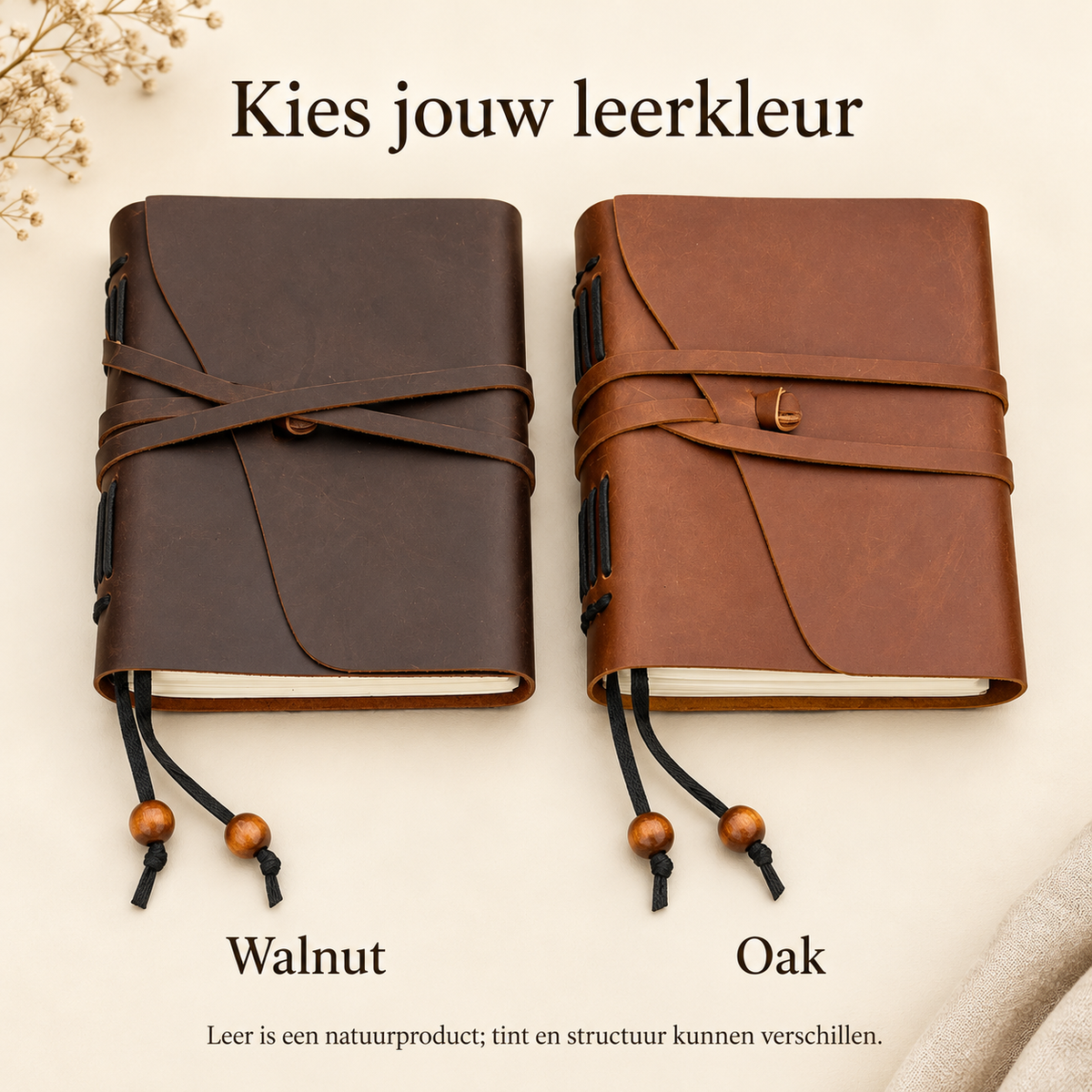 Twee leerkleuren: Walnut links en Oak rechts
