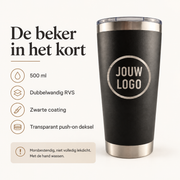 500 ml, dubbelwandig RVS, transparant deksel en onderhoudsinformatie