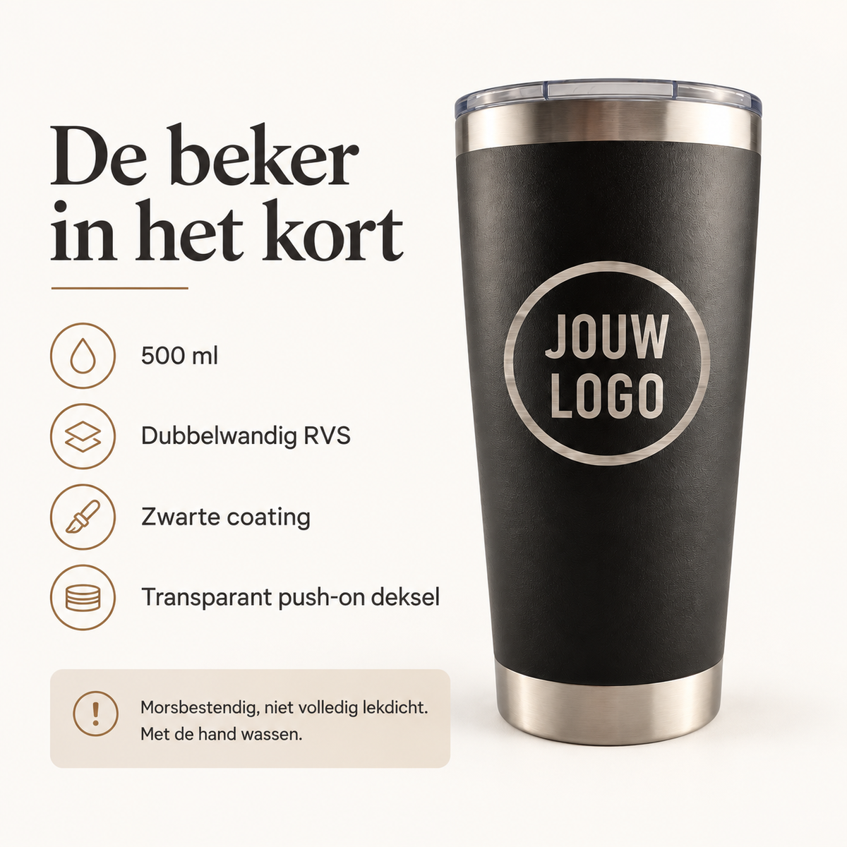 500 ml, dubbelwandig RVS, transparant deksel en onderhoudsinformatie