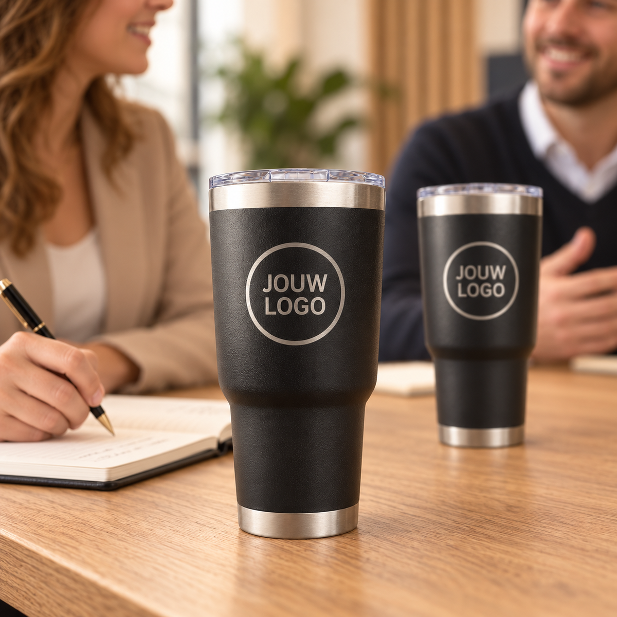 750 ml bekers met bedrijfslogo op een vergadertafel – sfeerimpressie