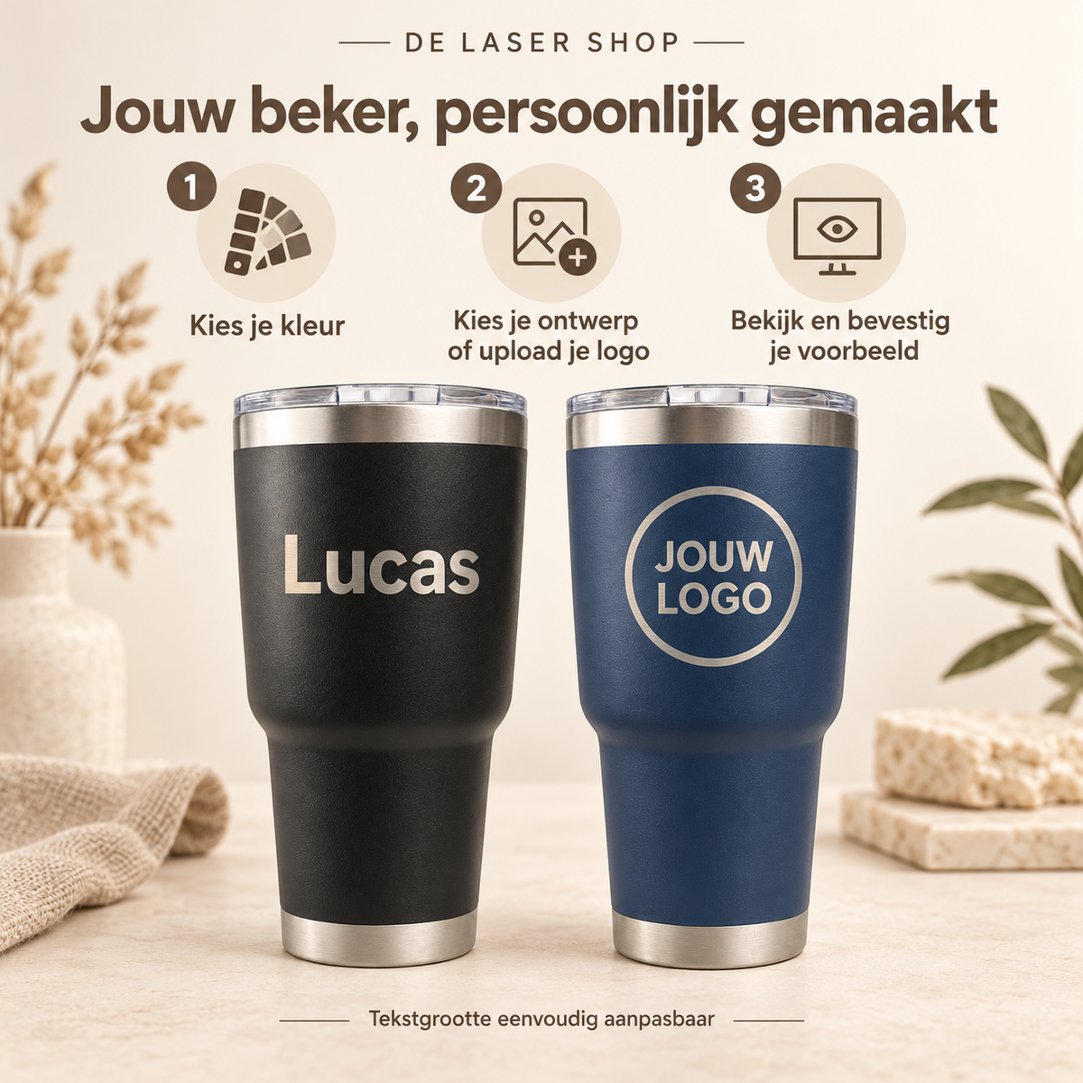 Kies je kleur en ontwerp, voeg je tekst toe en controleer het voorbeeld