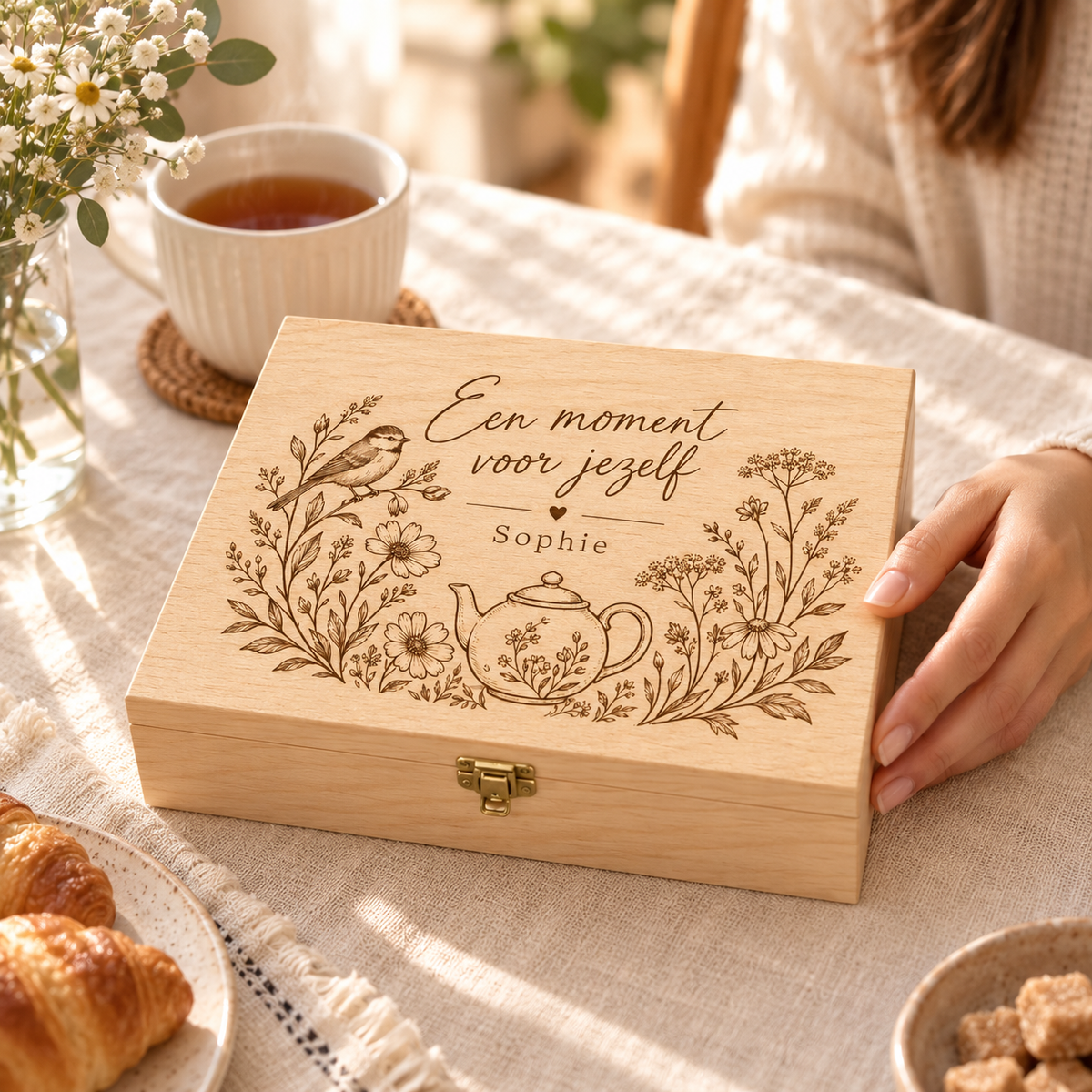 Persoonlijke AI-theedoos op een ontbijttafel — sfeerimpressie, accessoires niet inbegrepen