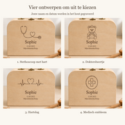 Houten dokterskoffertje — Vier ontwerpen met naam en datum