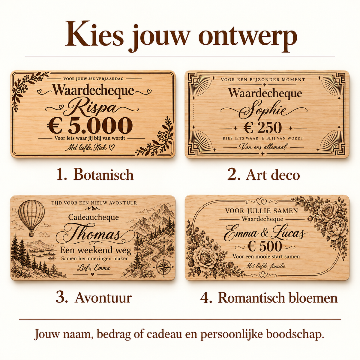 Vier ontwerpen: Botanisch, Art deco, Avontuur en Romantisch bloemen