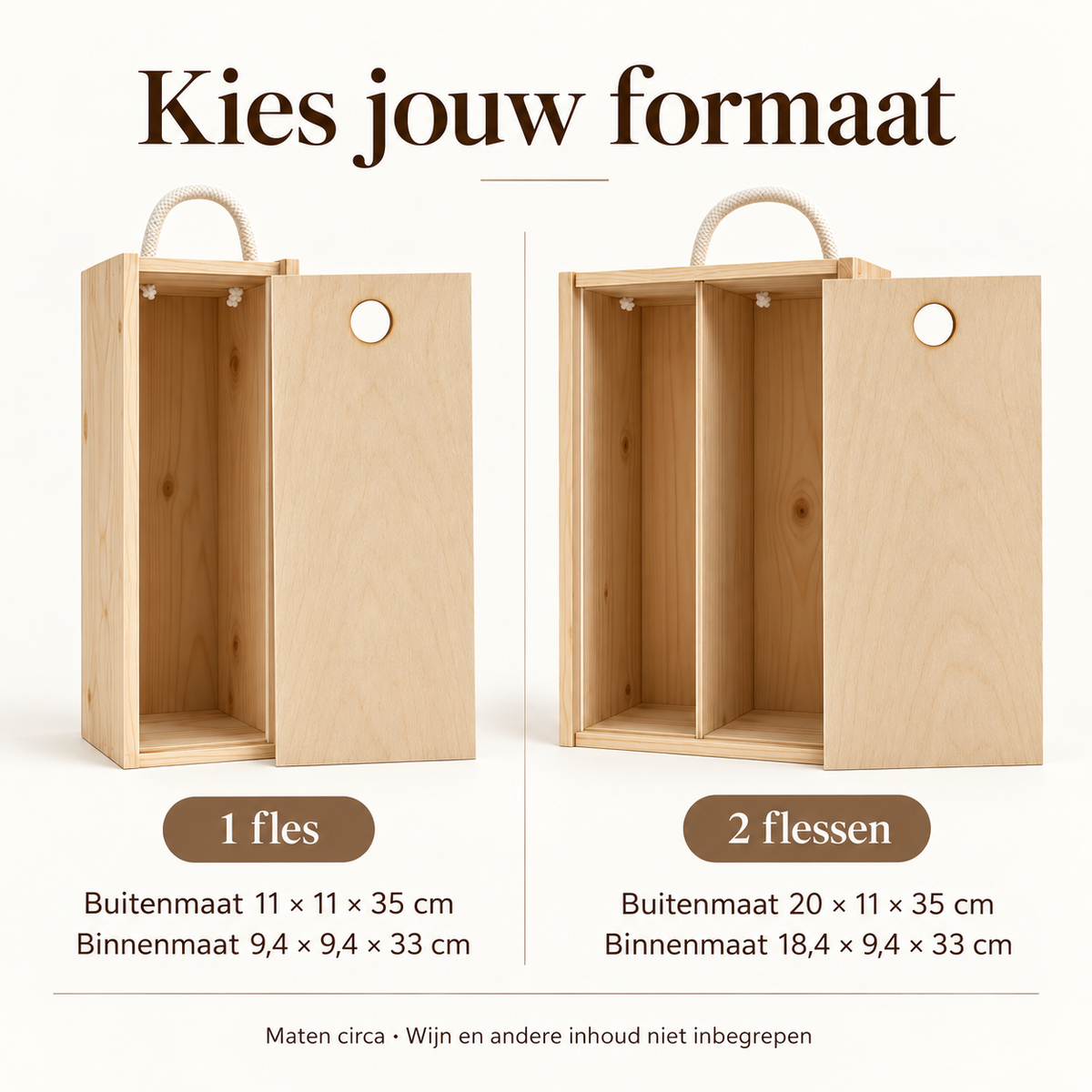 Wijnkisten voor één en twee flessen met buitenmaten en binnenmaten; wijn niet inbegrepen